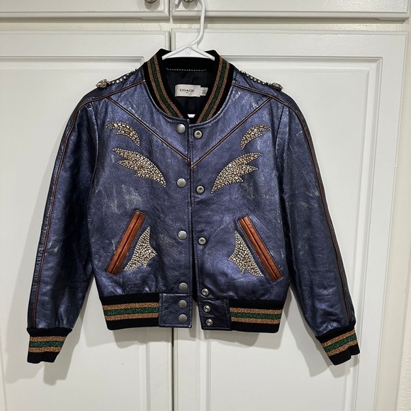Coach Shrunken Leather Varsity Jacket In Metallic Cadet Blue I Size 2 - Picture 5 of 16